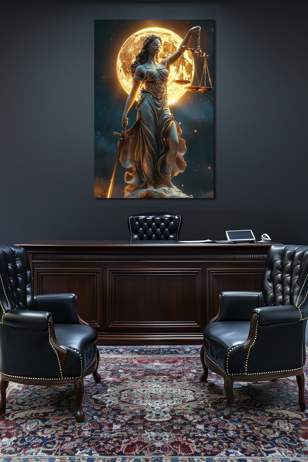 Adalet Heykeli Baskılı Cam Tablo – Ay Işığı Temalı Lady Justice Dekoratif Tablo