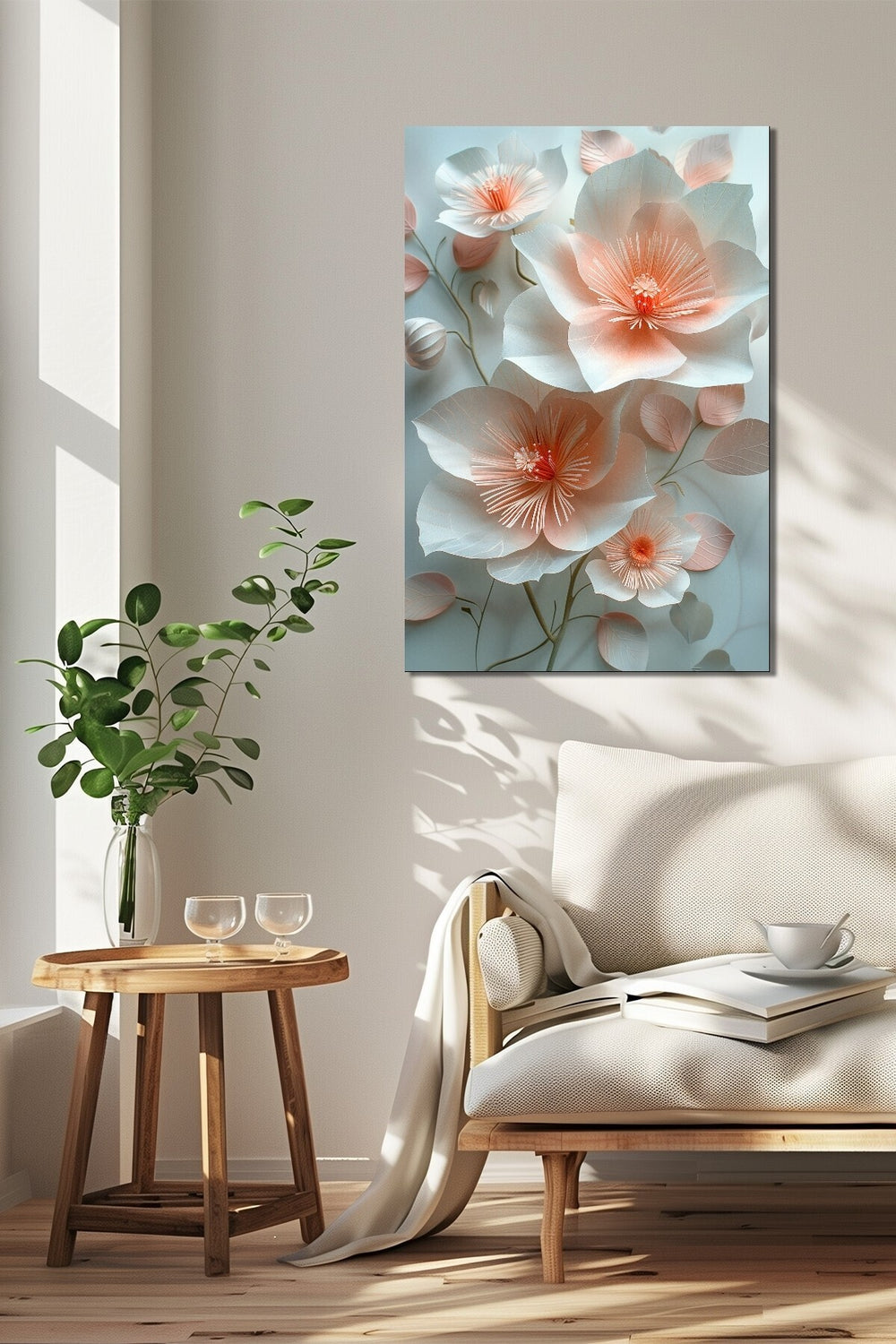 Çiçek Baskılı Cam Tablo – Pastel Tonlu Zarif Floral Dekoratif Duvar Tablosu