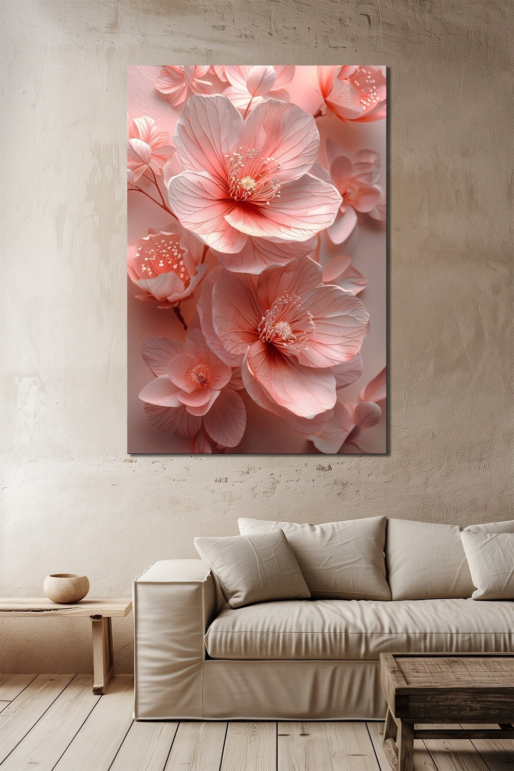 Çiçek Baskılı Cam Tablo – Pembe Floral Desenli Modern Dekoratif Duvar Tablosu