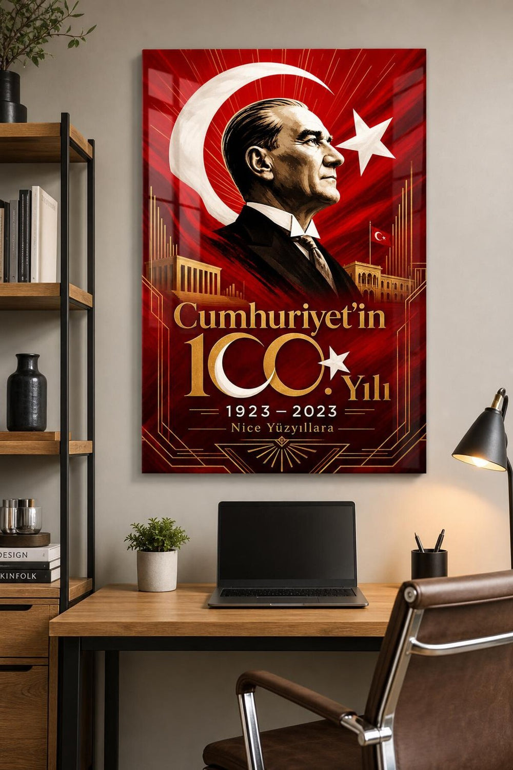 Atatürk ve Cumhuriyet 100. Yıl Baskılı Cam Tablo – UV Baskı Türk Bayrağı Dekoru