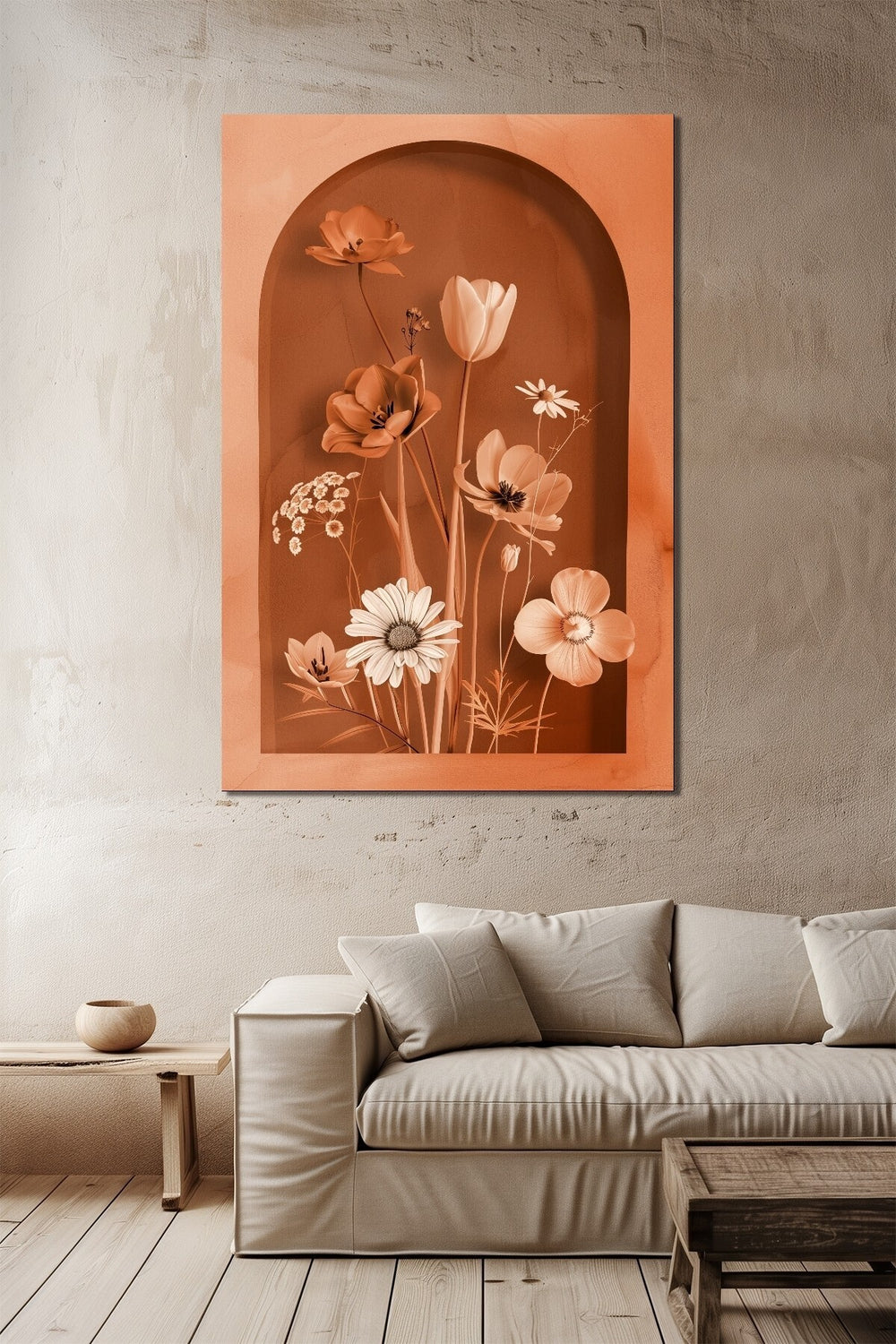 Turuncu Çiçek Baskılı Cam Tablo – Kemer Niş Tasarımlı Modern Floral Dekor