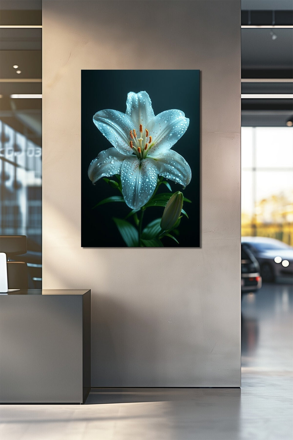 Beyaz Lilyum Çiçeği Baskılı Cam Tablo – Su Damlası Detaylı Modern Dekoratif Tablo