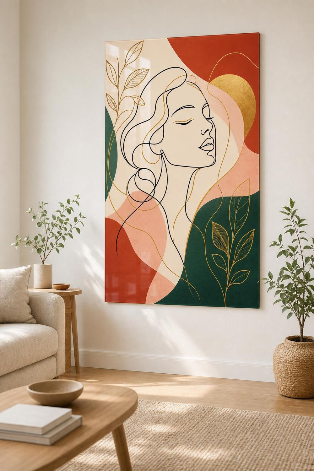 Kadın Portre Desenli Baskılı Cam Tablo – Modern Line Art UV Baskı Duvar Tablosu