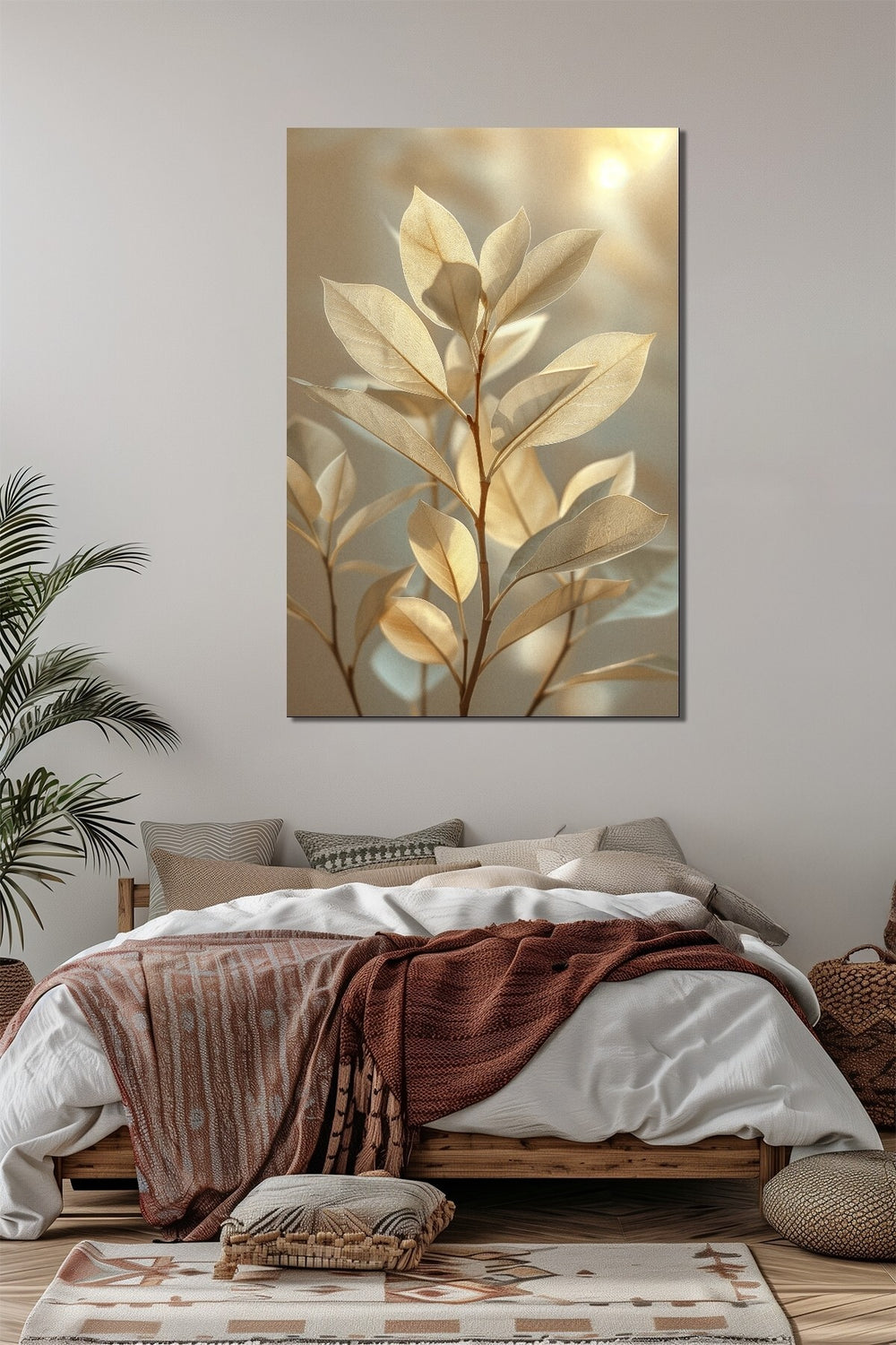 Altın Yaprak Dalı Baskılı Cam Tablo – Minimalist Lüks Doğal Duvar Dekoru