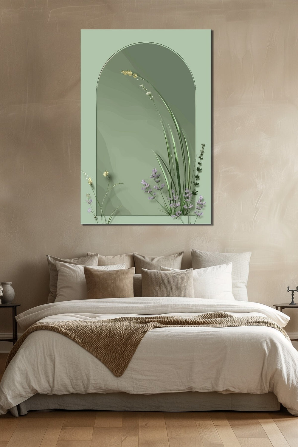 Minimalist Bitki Baskılı Cam Tablo – Yeşil Tonlarda Modern Doğal Dekoratif Tasarım