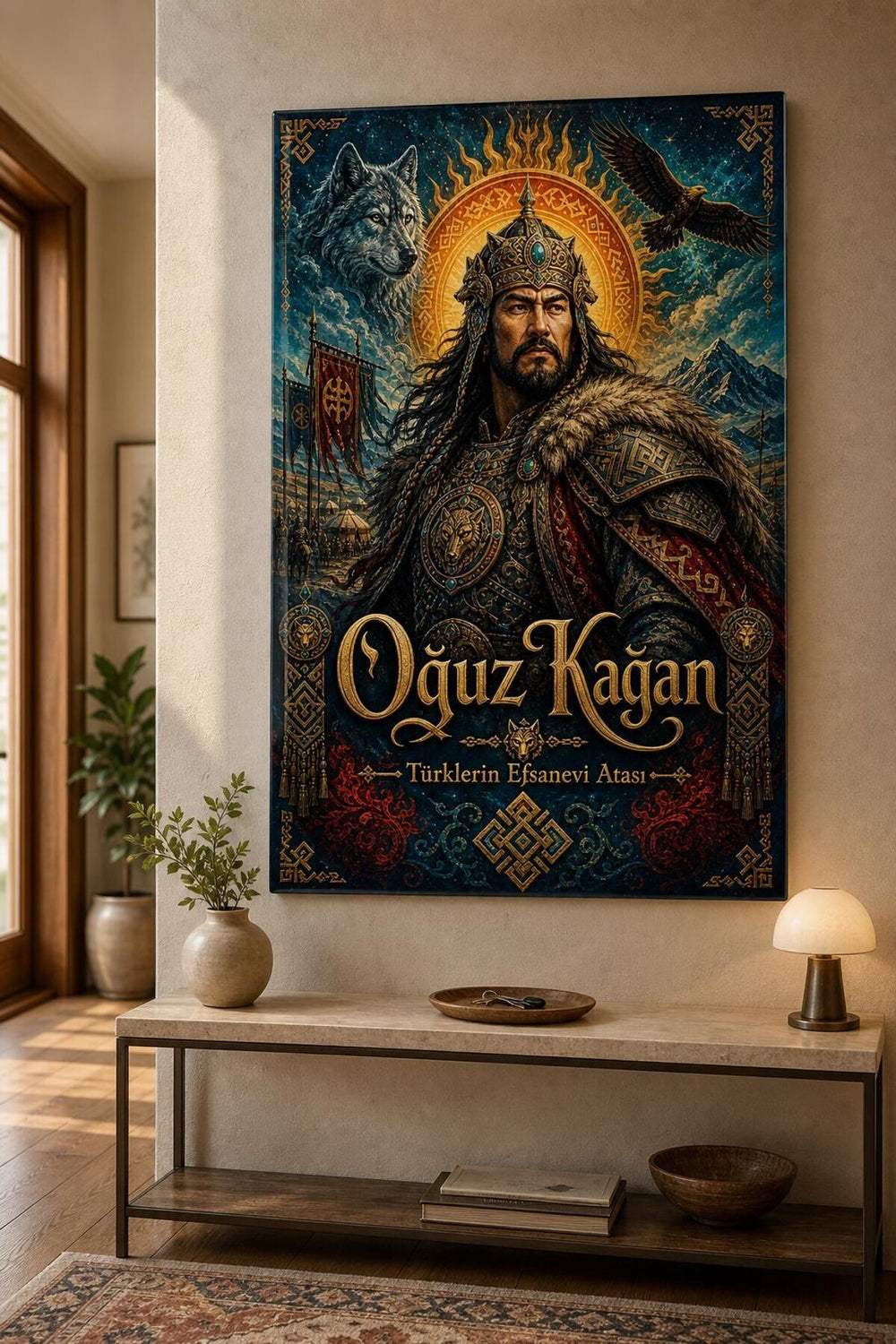 Oğuz Kağan Desenli Baskılı Cam Tablo – Türk Mitolojisi UV Baskı Duvar Dekoru