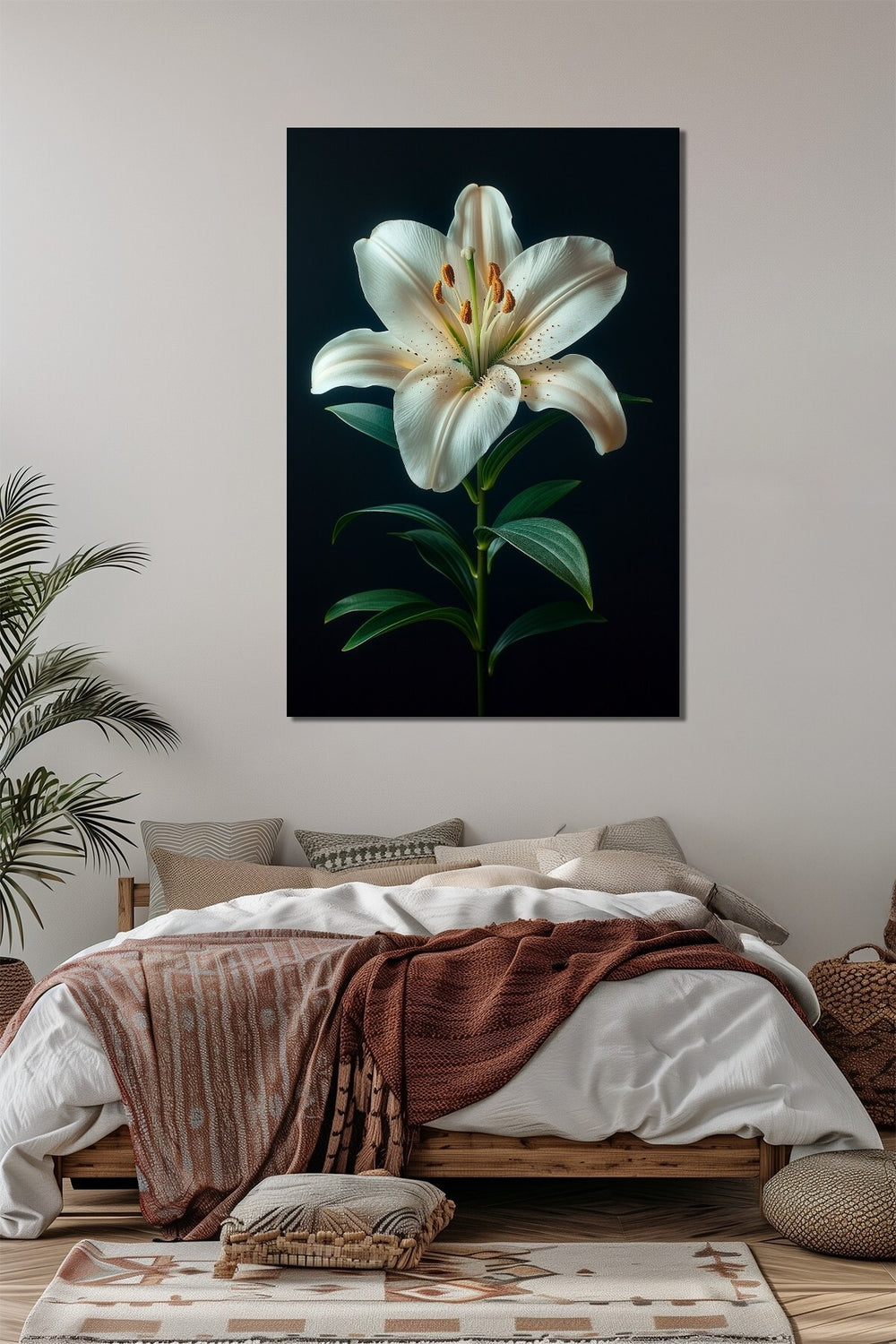 Zambak Çiçeği Baskılı Cam Tablo – Beyaz Lilyum Minimalist Dekoratif Duvar Tablosu