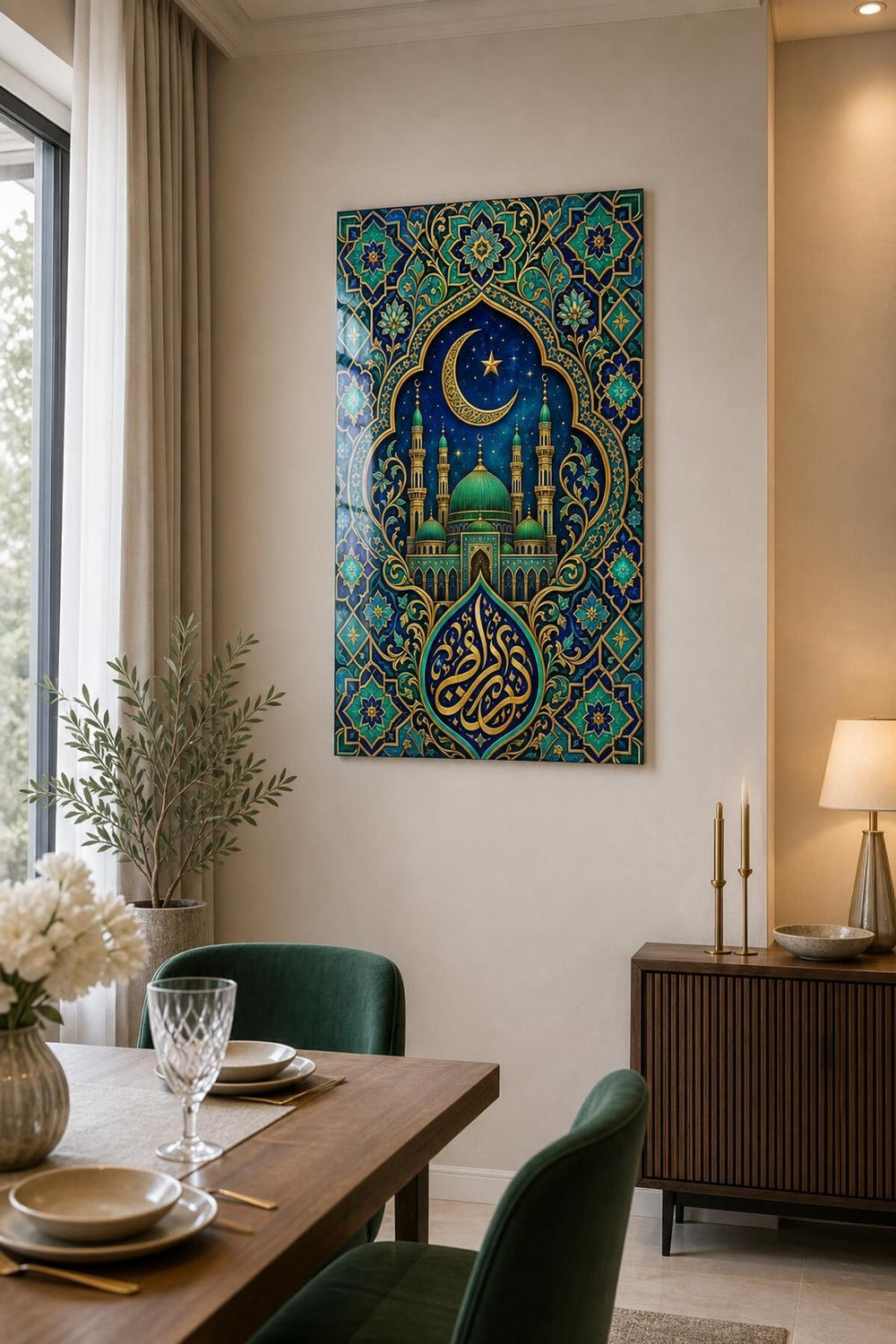 İslami Motifli Baskılı Cam Tablo – Ay Yıldızlı Cami Desenli Duvar Dekoru — görsel 5