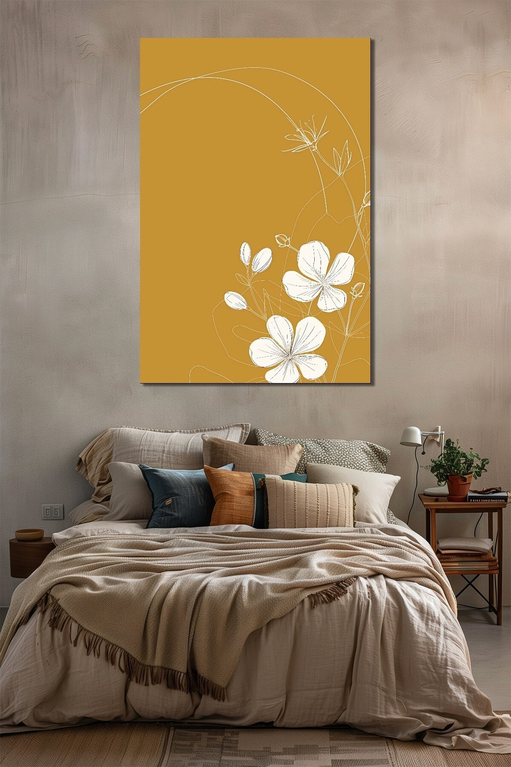 Minimalist Çizgi Çiçek Baskılı Cam Tablo – Hardal Sarı Modern UV Baskı Duvar Dekoru
