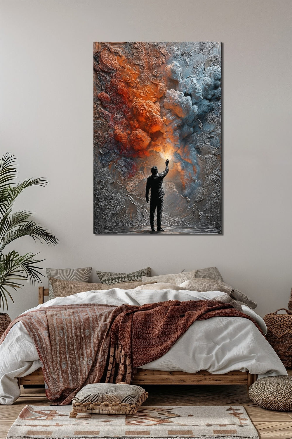 Soyut Işık ve İnsan Silüeti Baskılı Cam Tablo – Modern Sanat UV Baskı Dekoratif Duvar Tablosu
