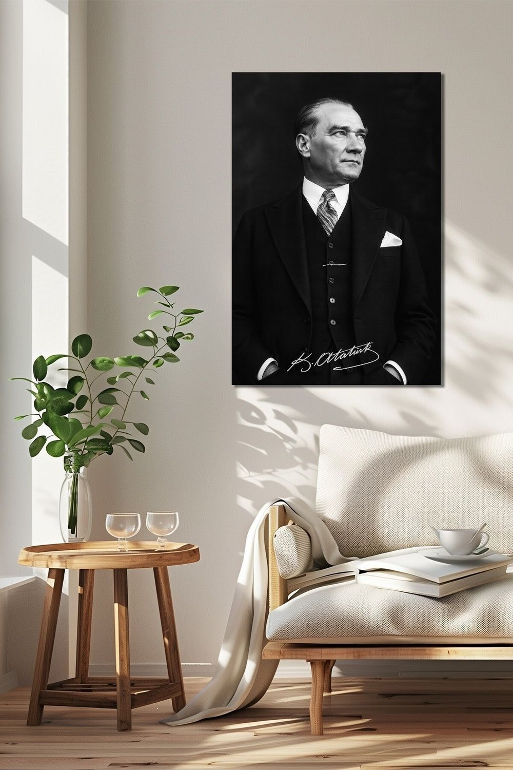 Atatürk İmzalı Siyah Beyaz Baskılı Cam Tablo – Klasik Şık UV Baskı Duvar Dekoru