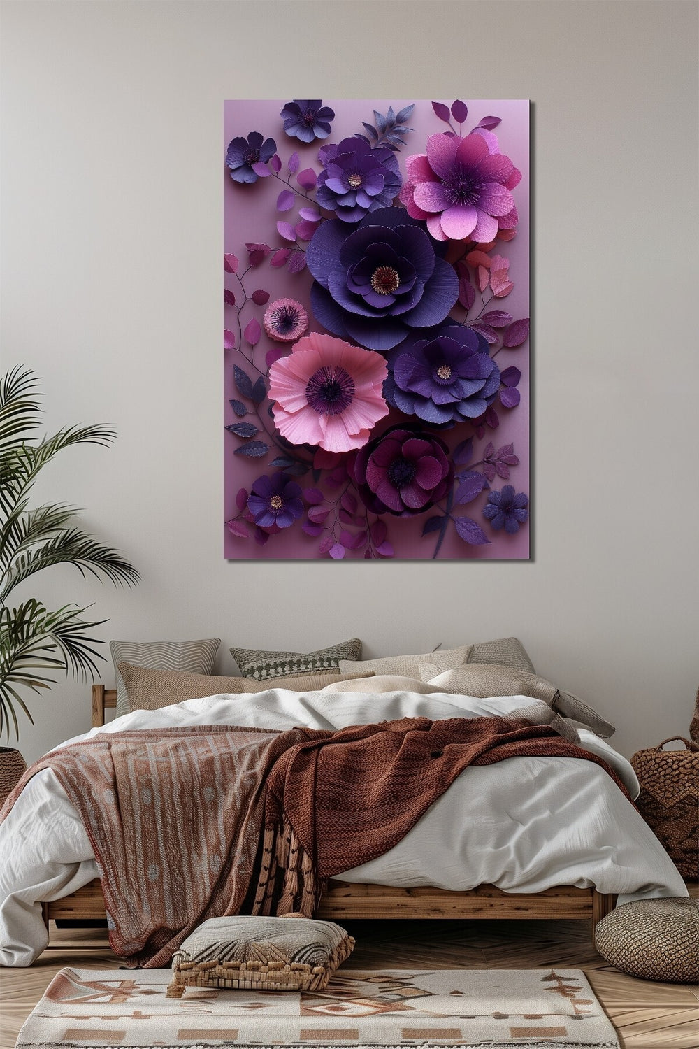 Çiçek Baskılı Cam Tablo – Mor ve Pembe 3D Floral Dekoratif Duvar Tablosu