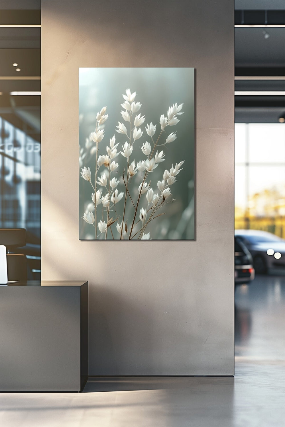 Beyaz Çiçek Cam Tablo Minimalist Pastel Yeşil UV Baskılı Temperli Boho Nordic Yatak Odası Salon Deko
