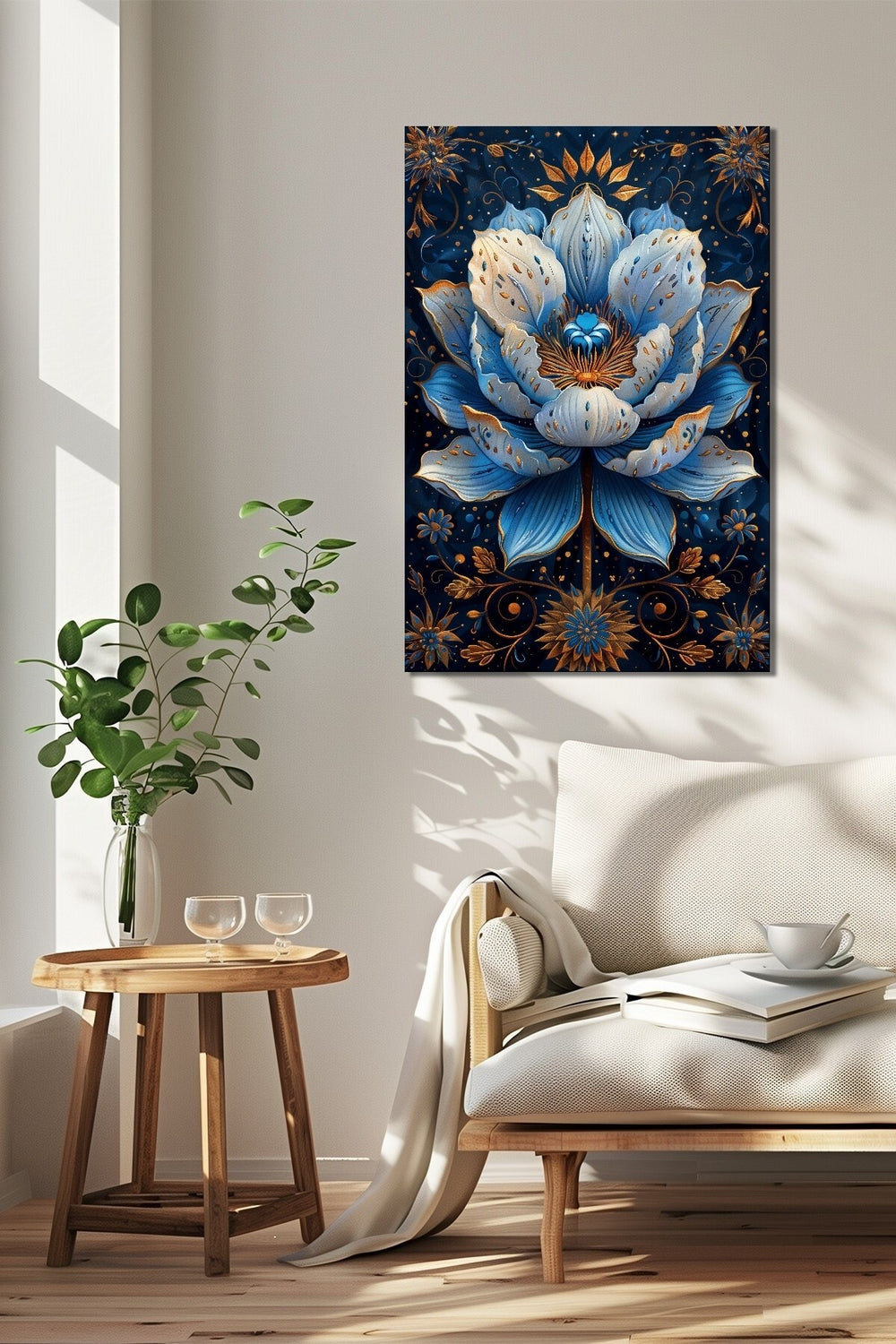Mavi Çiçek Baskılı Cam Tablo – Altın Detaylı Lotus Desenli Dekoratif Duvar Tablosu