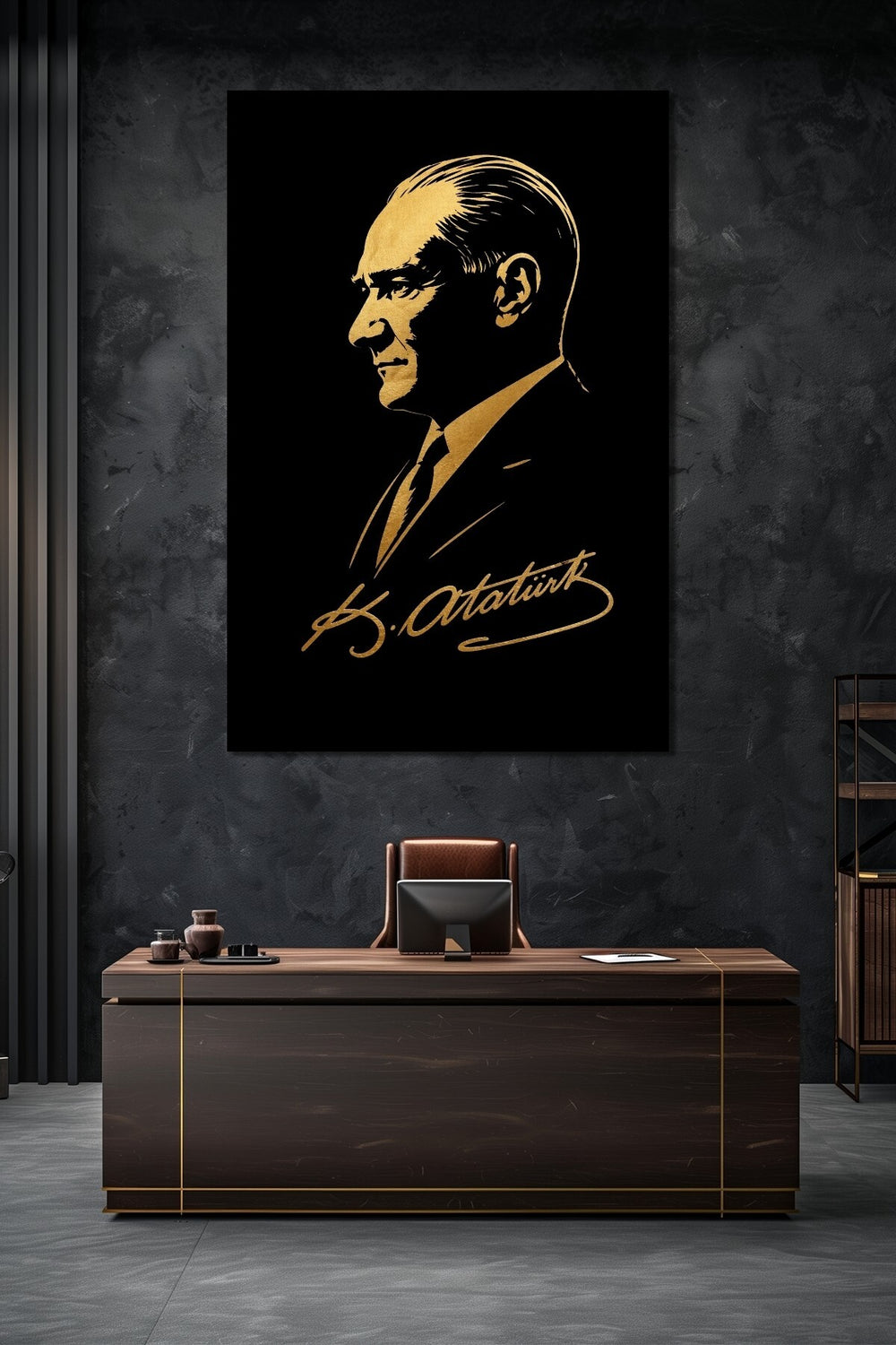 Atatürk Silüet Baskılı Cam Tablo – Gold Detaylı Modern Tasarım