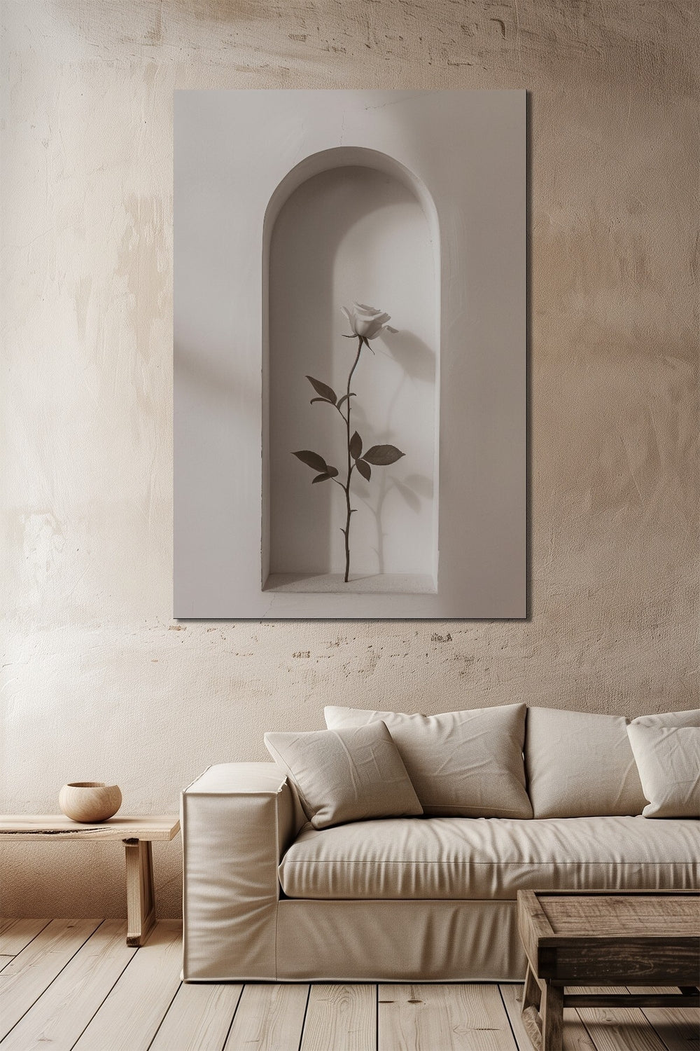 Minimalist Gül Baskılı Cam Tablo – Niş İçinde Beyaz Gül Modern Duvar Dekoru
