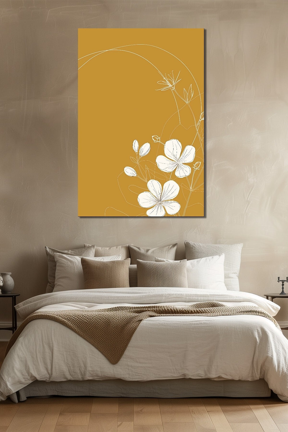Minimalist Çizgi Çiçek Baskılı Cam Tablo – Hardal Sarı Modern UV Baskı Duvar Dekoru