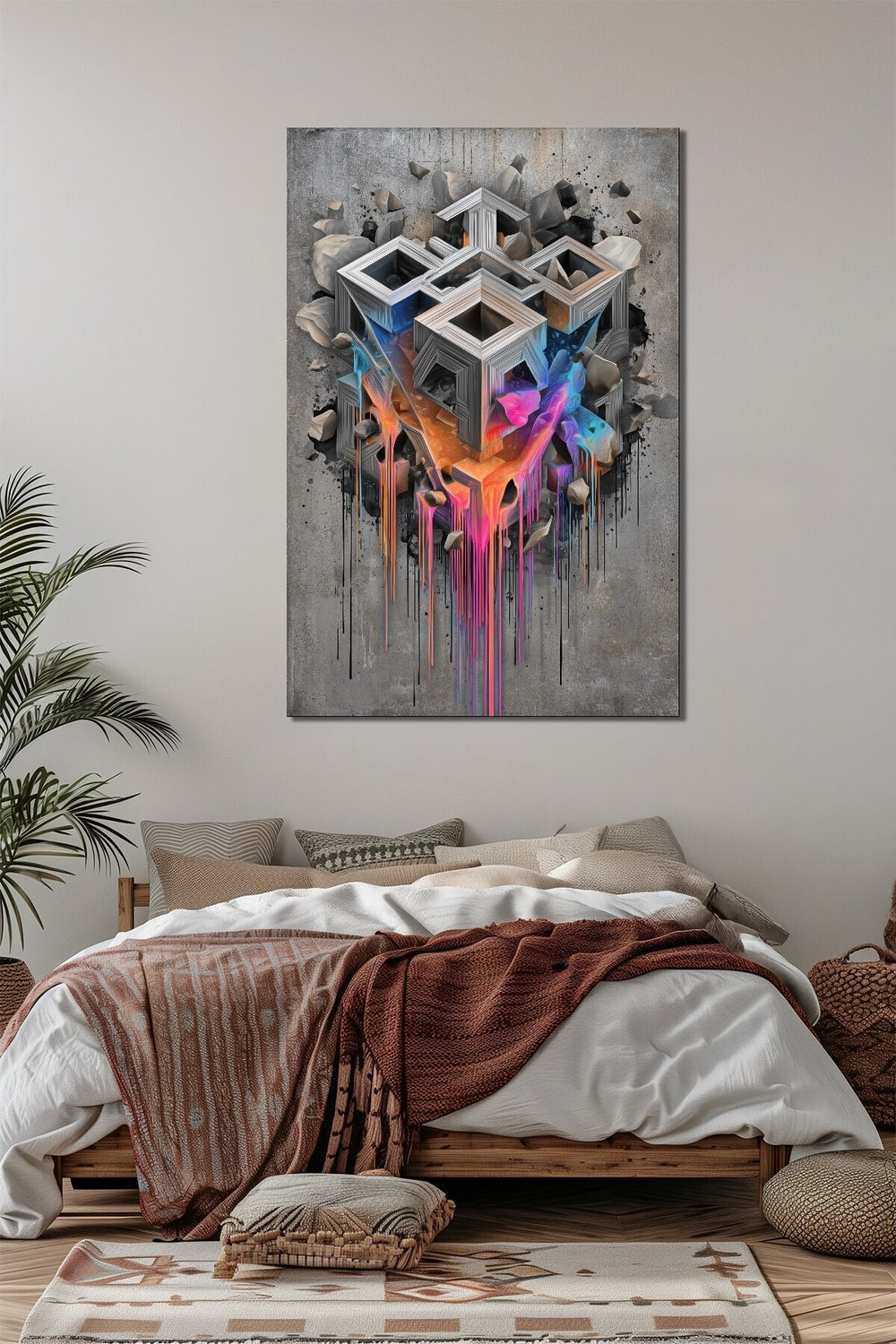 Geometrik Küp Baskılı Cam Tablo – Renk Akışlı 3D Modern Duvar Dekoru