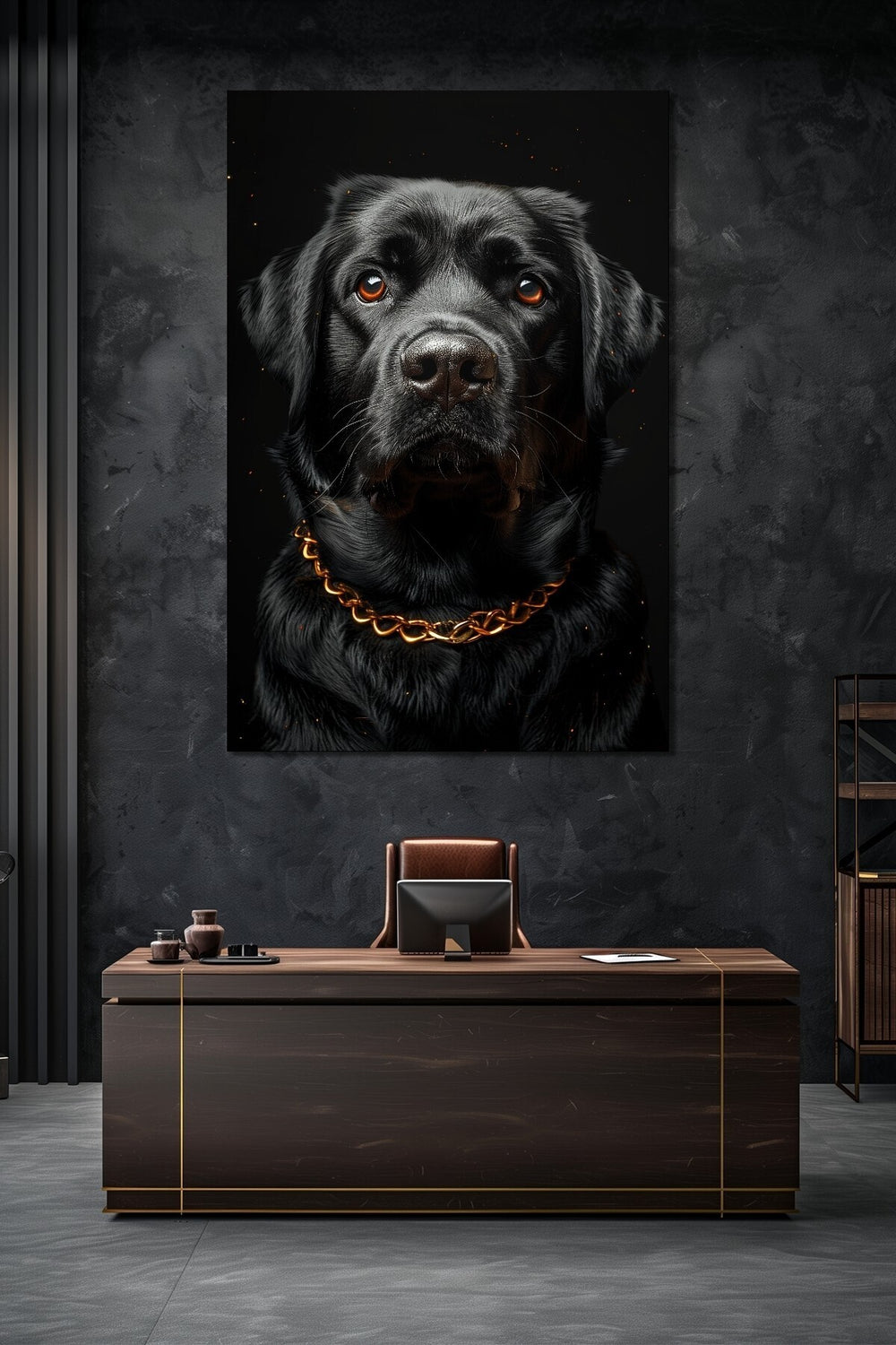 Siyah Köpek Baskılı Cam Tablo – Gold Zincir Detaylı Modern Hayvan Temalı Duvar Dekoru