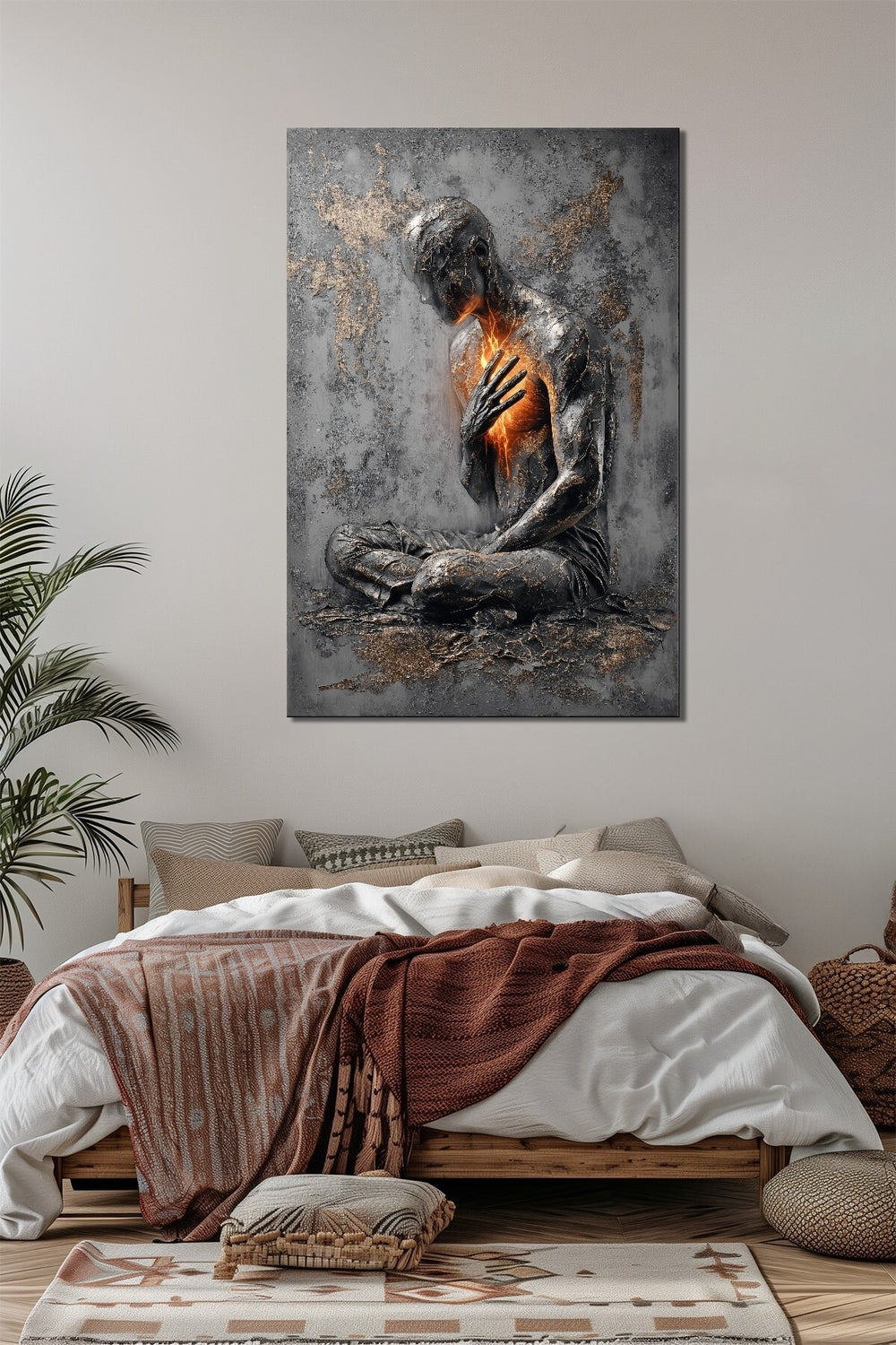 Yanan Kalp Meditasyon Baskılı Cam Tablo – İçsel Güç ve Enerji Temalı Duvar Dekoru
