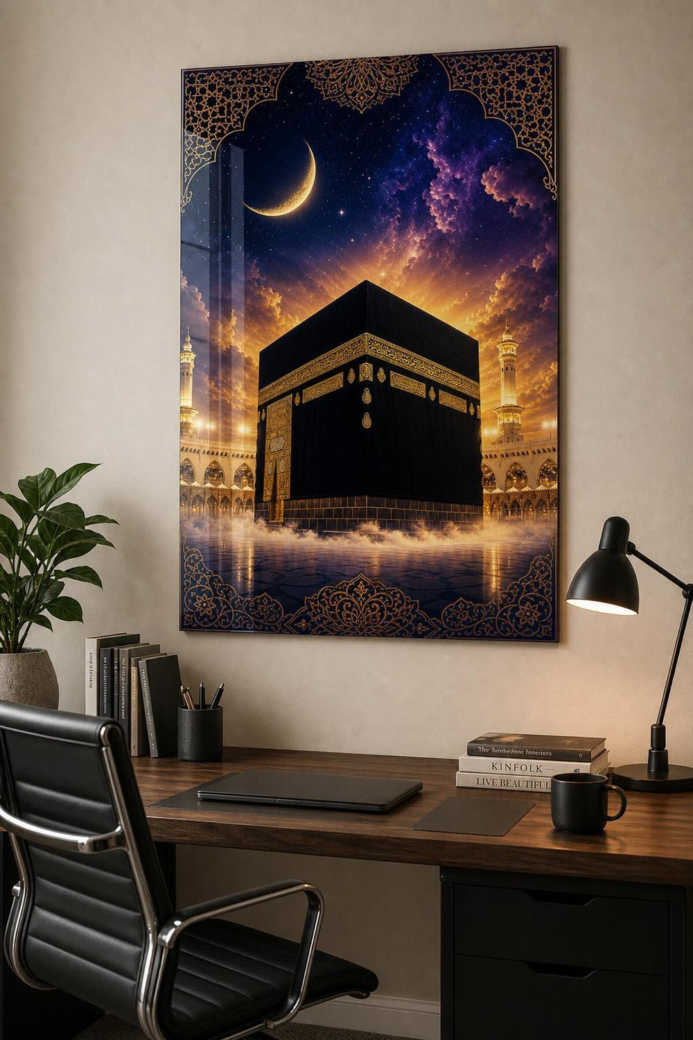 Hilalli Gece Kabe Baskılı Cam Tablo – UV Baskı Manevi Dekoratif Duvar Tablosu