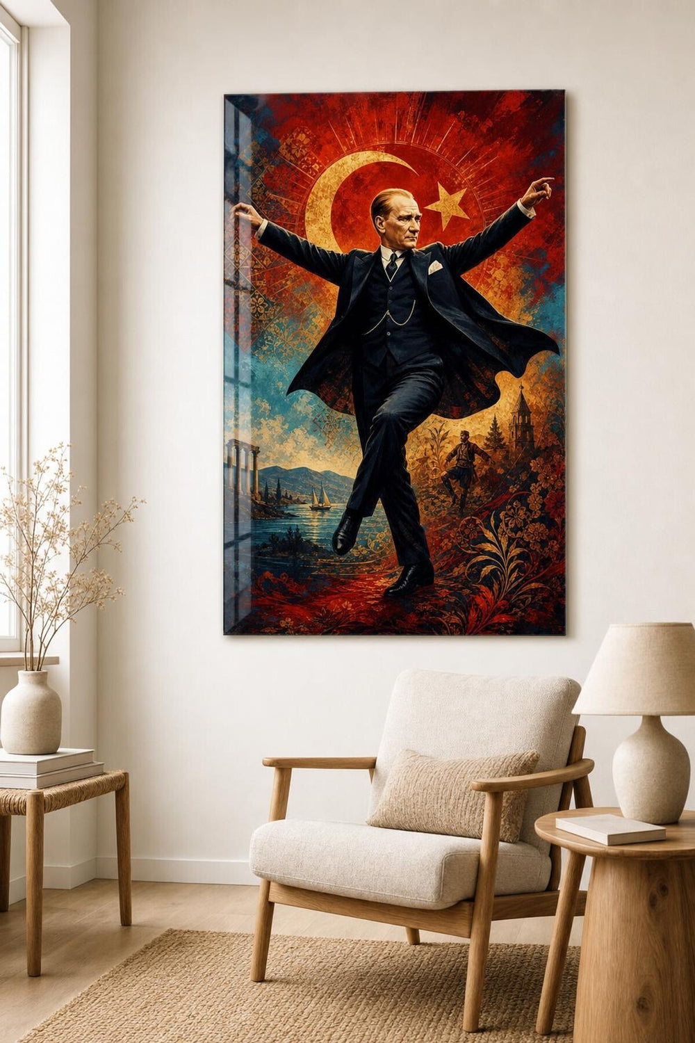 Atatürk Zeybek Modern Sanat Baskılı Cam Tablo – UV Baskı Dekoratif Duvar Tablosu