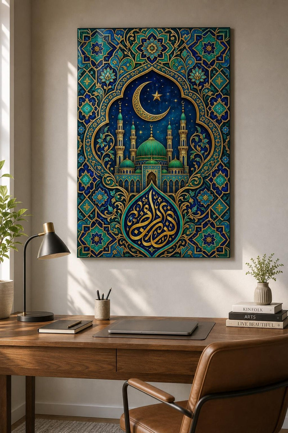 İslami Motifli Baskılı Cam Tablo – Ay Yıldızlı Cami Desenli Duvar Dekoru — görsel 2
