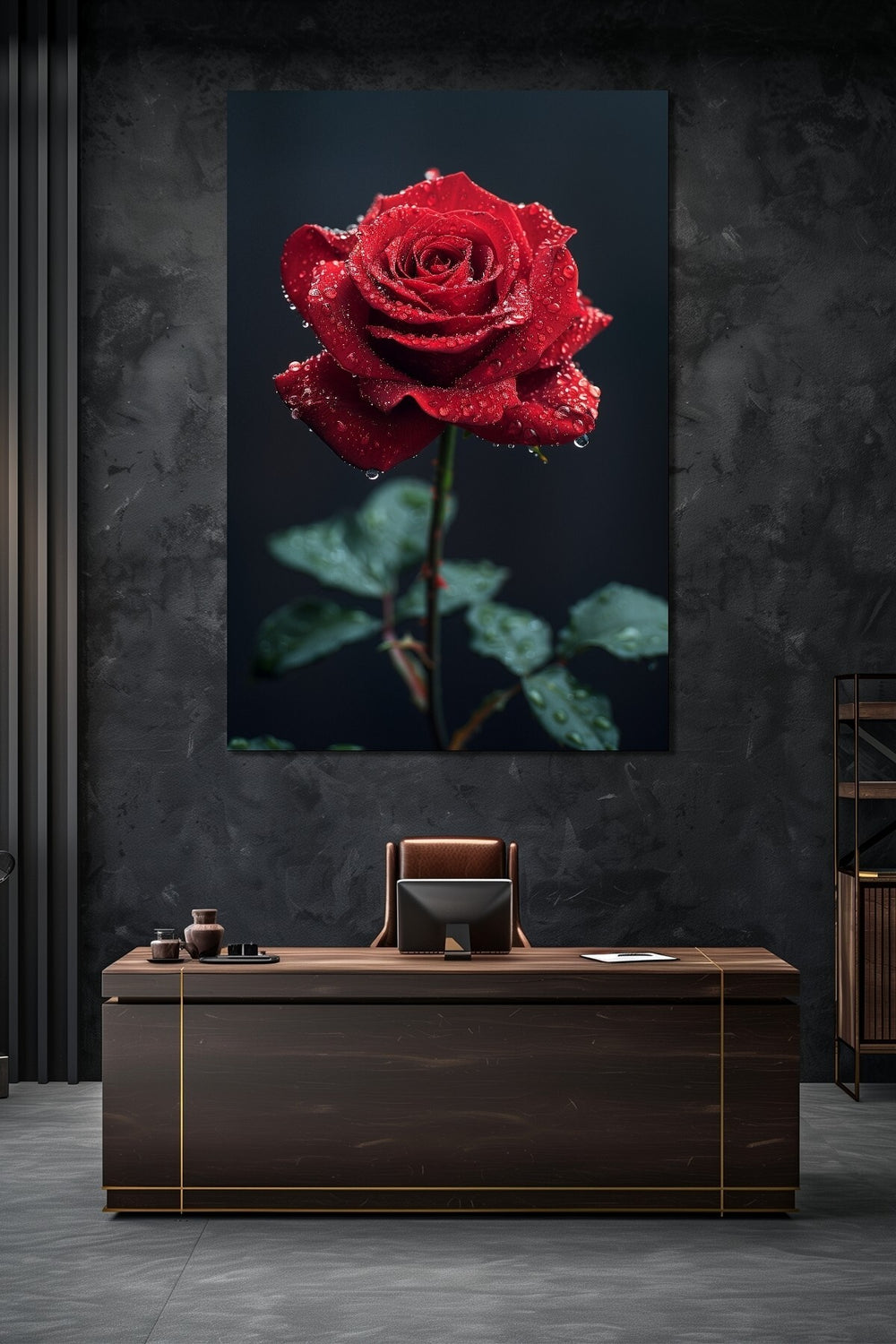 Kırmızı Gül Baskılı Cam Tablo – Su Damlalı Romantik Çiçek Dekoratif Duvar Tablosu