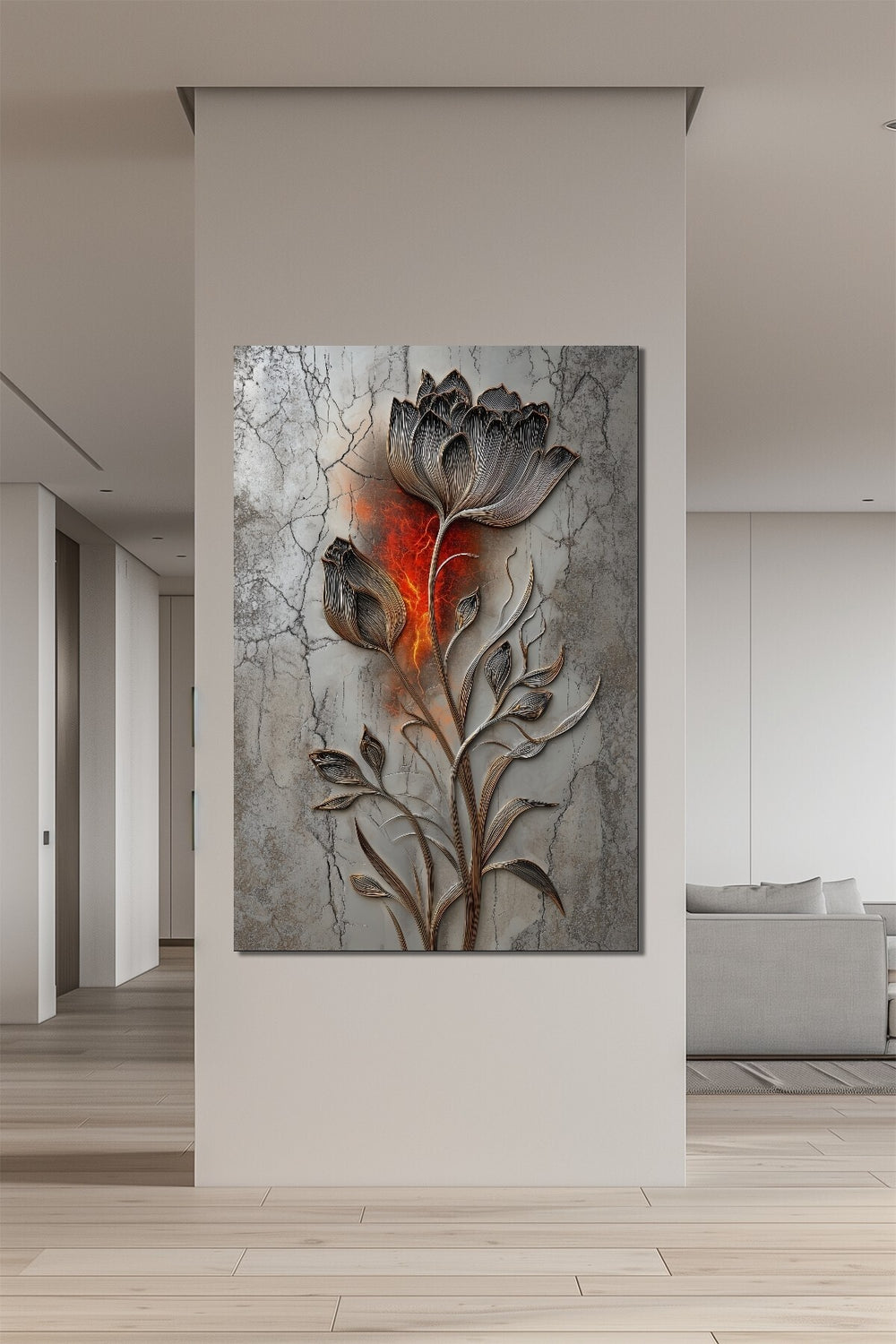 Lale Çiçeği Baskılı Cam Tablo – Mermer Zeminli Modern Floral Duvar Dekoru