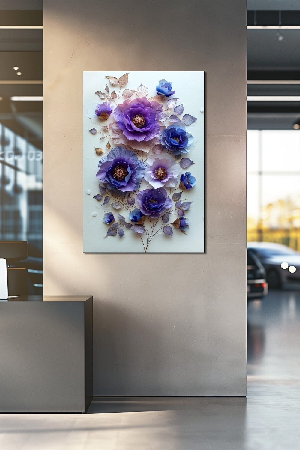 Çiçek Baskılı Cam Tablo – Mor ve Mavi Tonlu 3D Floral Dekoratif Duvar Tablosu