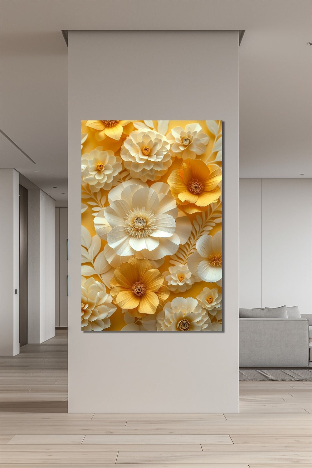 Çiçek Baskılı Cam Tablo – 3D Görünümlü Sarı Beyaz Floral Dekoratif Duvar Tablosu