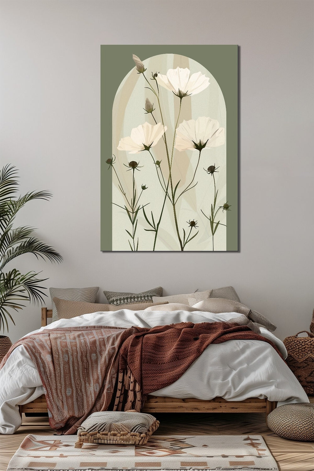 Minimalist Çiçek Baskılı Cam Tablo – Yeşil Zemin Beyaz Çiçek Desenli Modern Dekor
