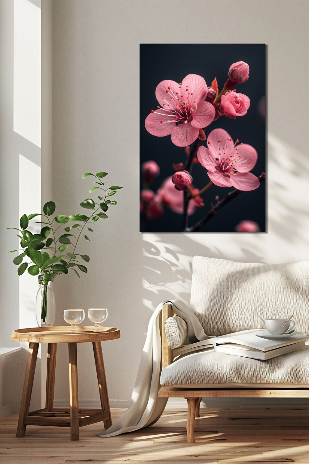 Pembe Çiçek Baskılı Cam Tablo – Minimal Sakura Dalı Dekoratif Duvar Tablosu