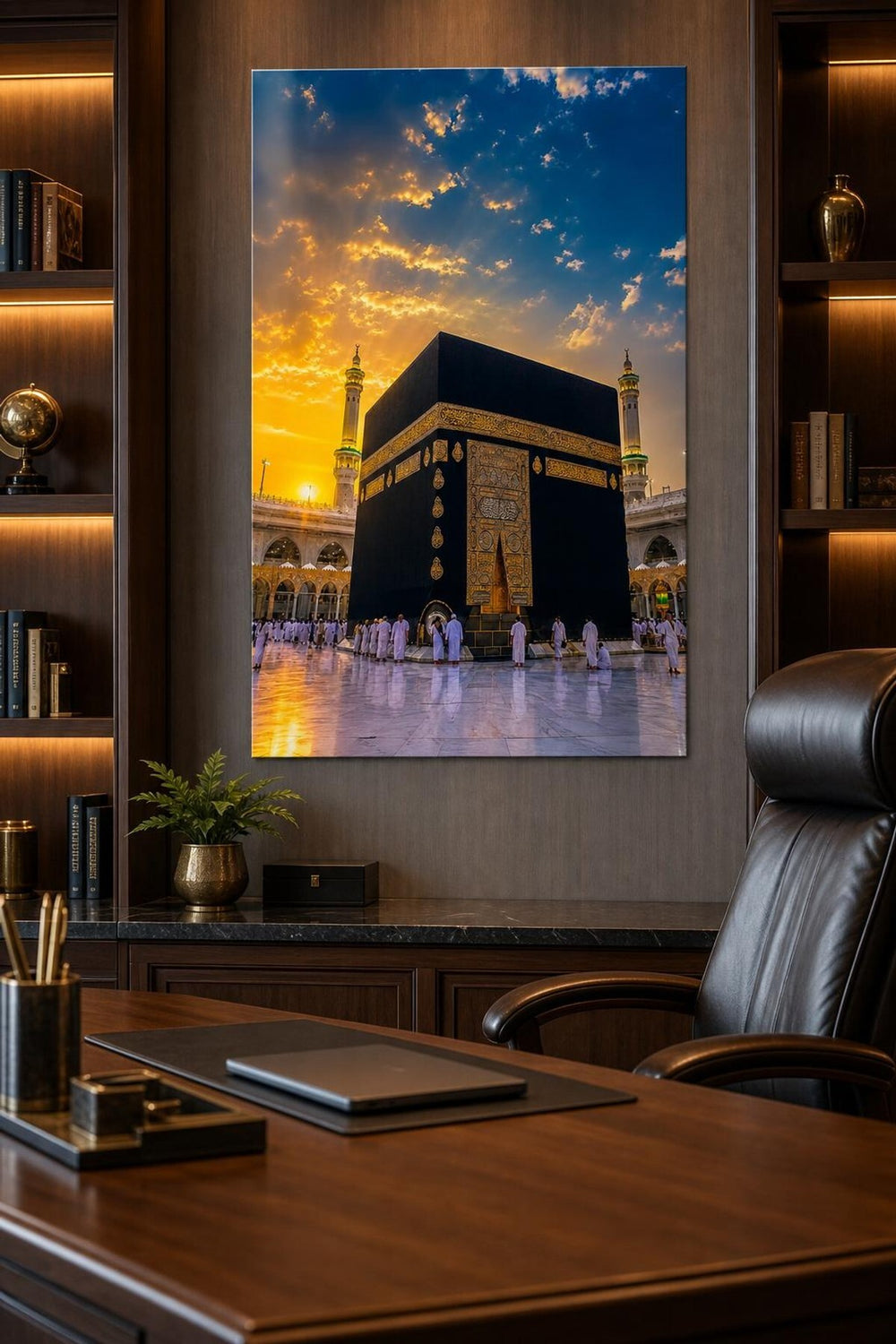 Gün Batımında Kabe Baskılı Cam Tablo – Manevi UV Baskı Dekoratif Duvar Tablosu