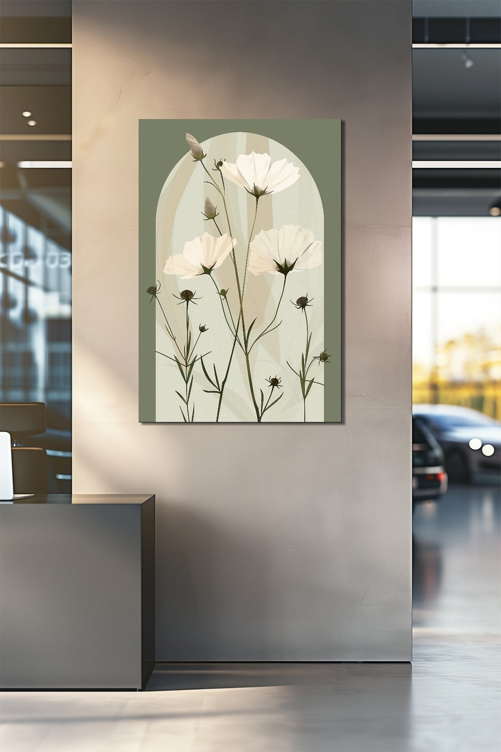 Minimalist Çiçek Baskılı Cam Tablo – Yeşil Zemin Beyaz Çiçek Desenli Modern Dekor