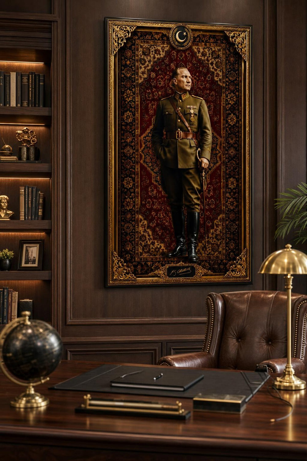Atatürk Portre Baskılı Cam Tablo – Osmanlı Motifli UV Baskı Duvar Dekoru