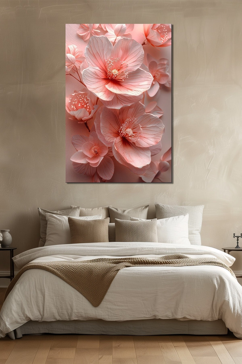 Çiçek Baskılı Cam Tablo – Pembe Floral Desenli Modern Dekoratif Duvar Tablosu