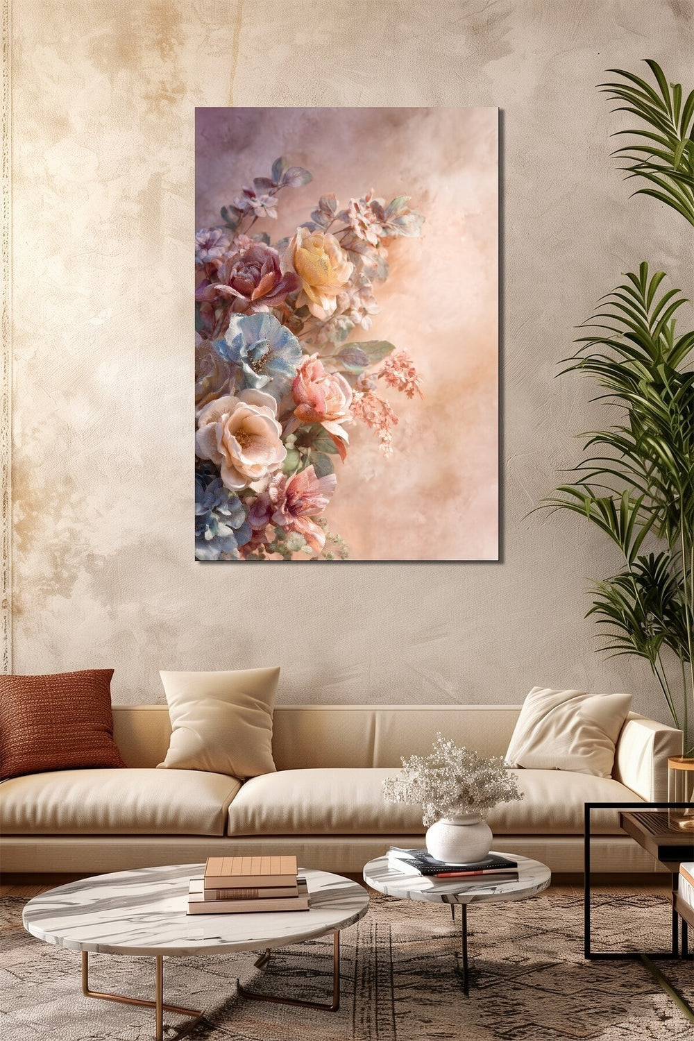 Çiçek Buketi Baskılı Cam Tablo – Pastel Tonlu Floral Duvar Dekoru