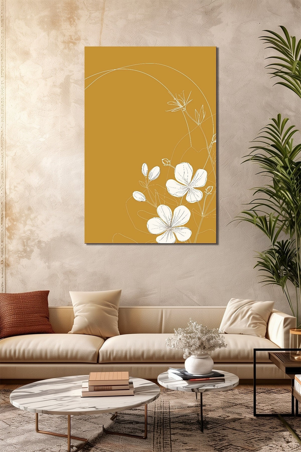 Minimalist Çizgi Çiçek Baskılı Cam Tablo – Hardal Sarı Modern UV Baskı Duvar Dekoru
