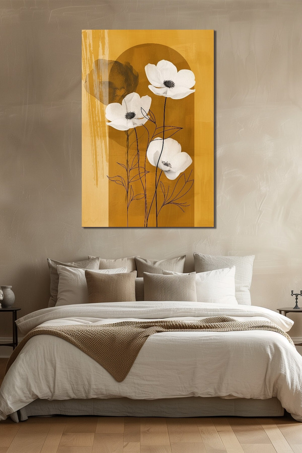 Sarı Çiçek Baskılı Cam Tablo – Minimalist Modern UV Baskı Duvar Dekoru