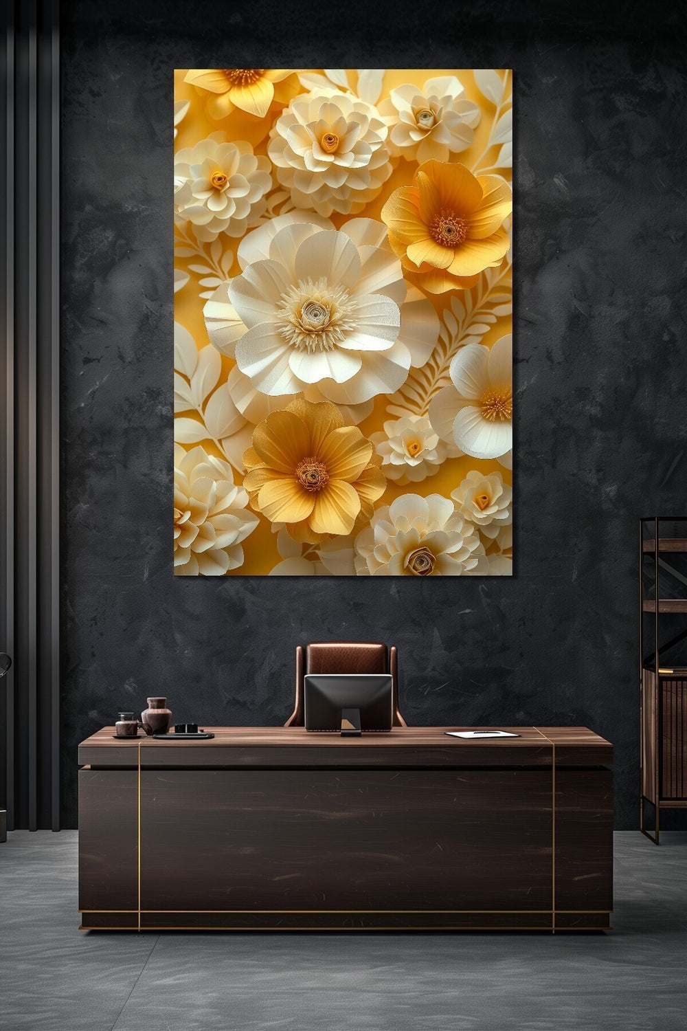 Çiçek Baskılı Cam Tablo – 3D Görünümlü Sarı Beyaz Floral Dekoratif Duvar Tablosu
