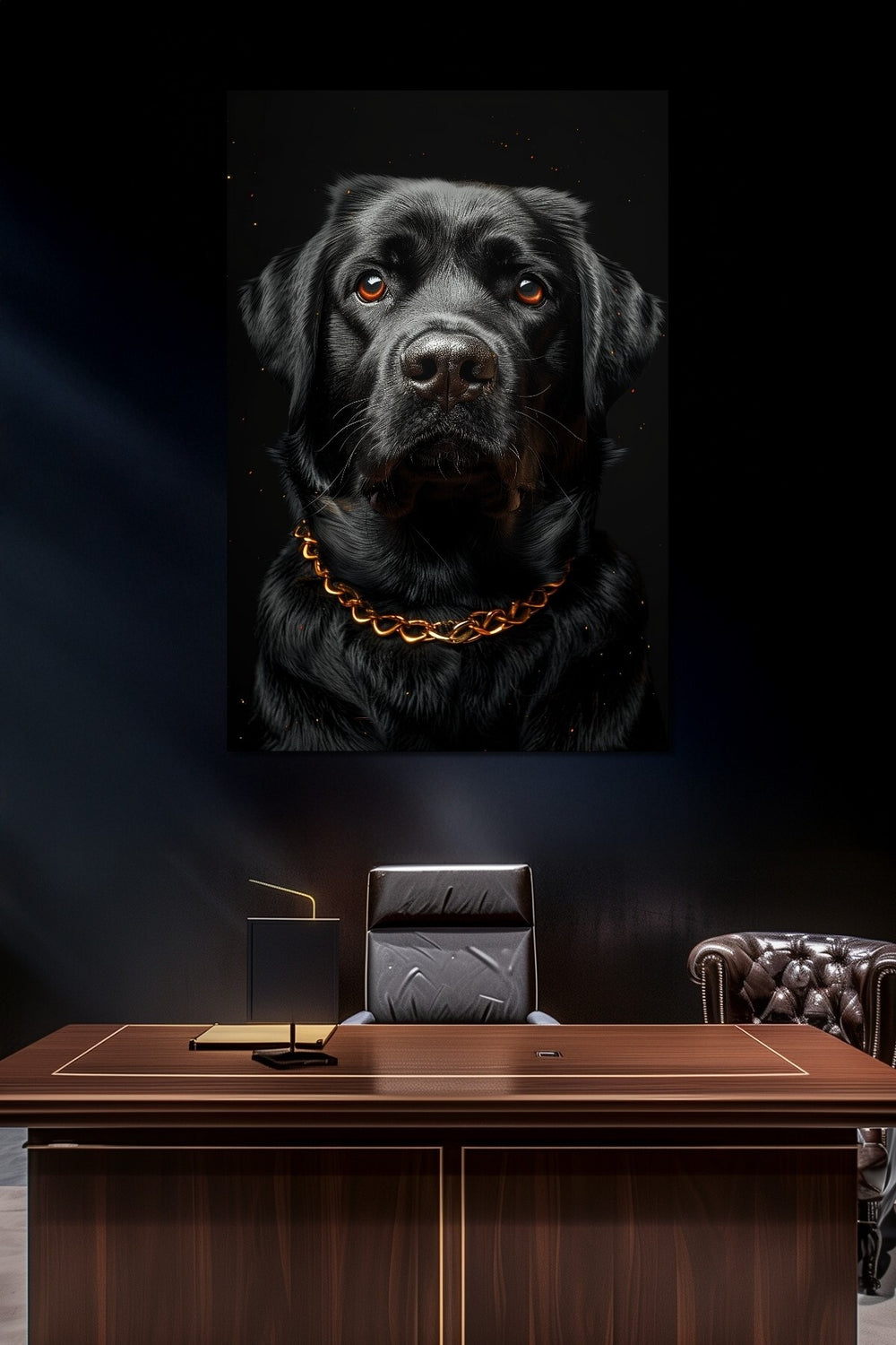 Siyah Köpek Baskılı Cam Tablo – Gold Zincir Detaylı Modern Hayvan Temalı Duvar Dekoru