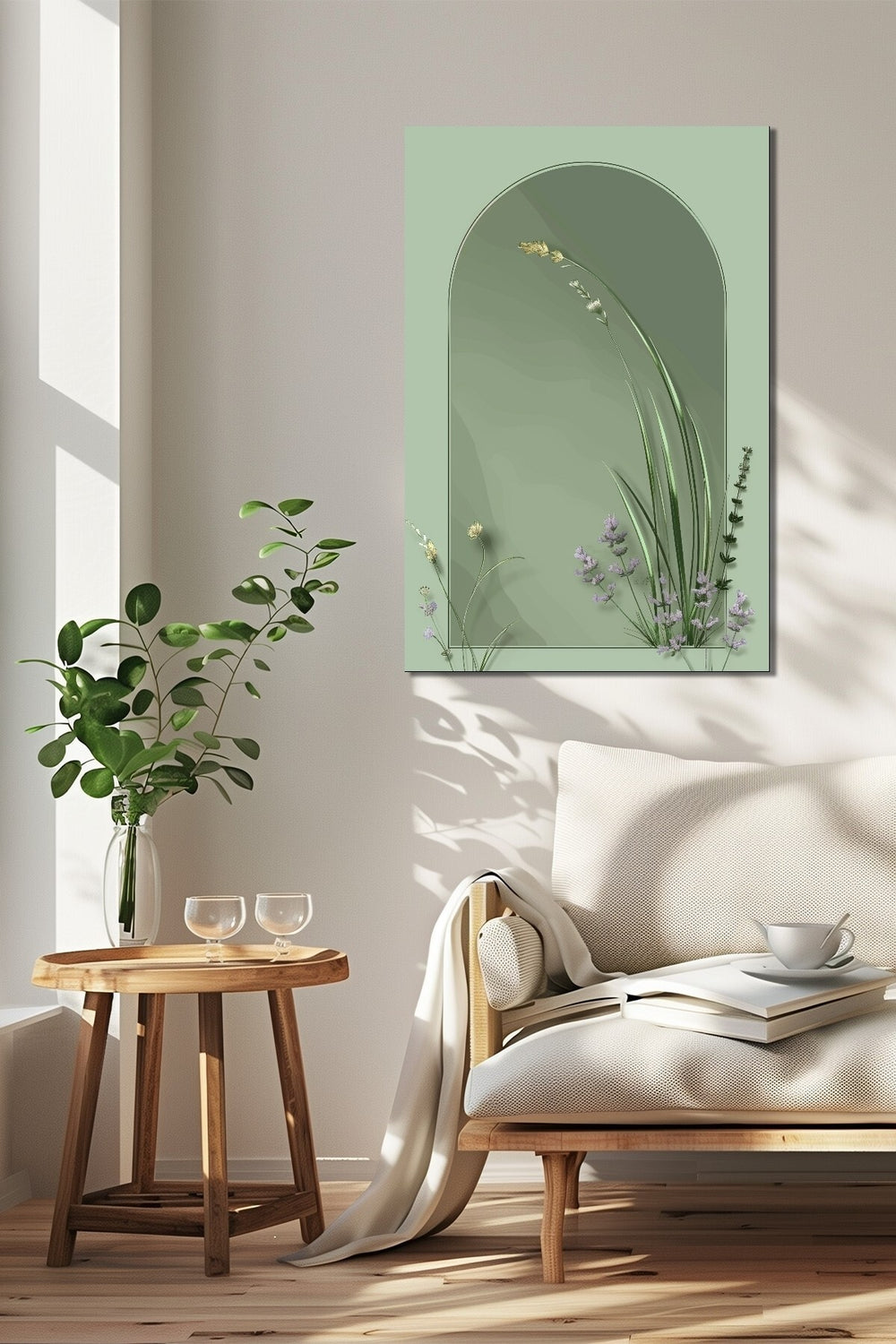 Minimalist Bitki Baskılı Cam Tablo – Yeşil Tonlarda Modern Doğal Dekoratif Tasarım