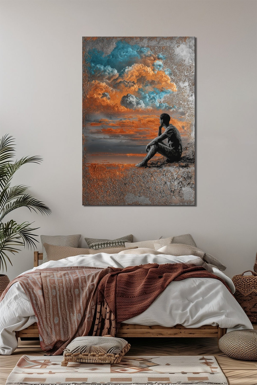 Gün Batımı Manzara İnsan Silüeti Baskılı Cam Tablo – Modern Sanat UV Baskı Dekoratif Tablo