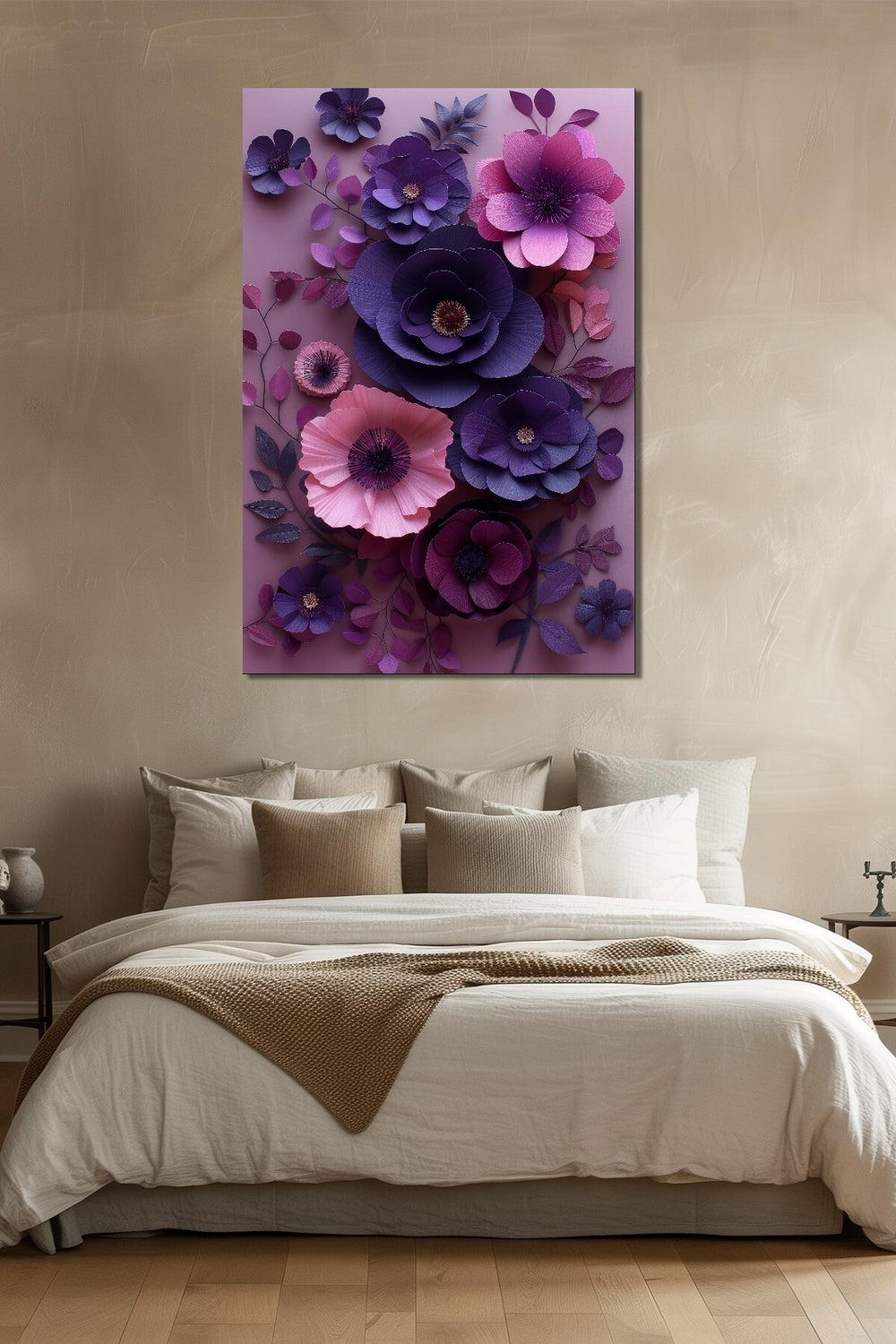 Çiçek Baskılı Cam Tablo – Mor ve Pembe 3D Floral Dekoratif Duvar Tablosu