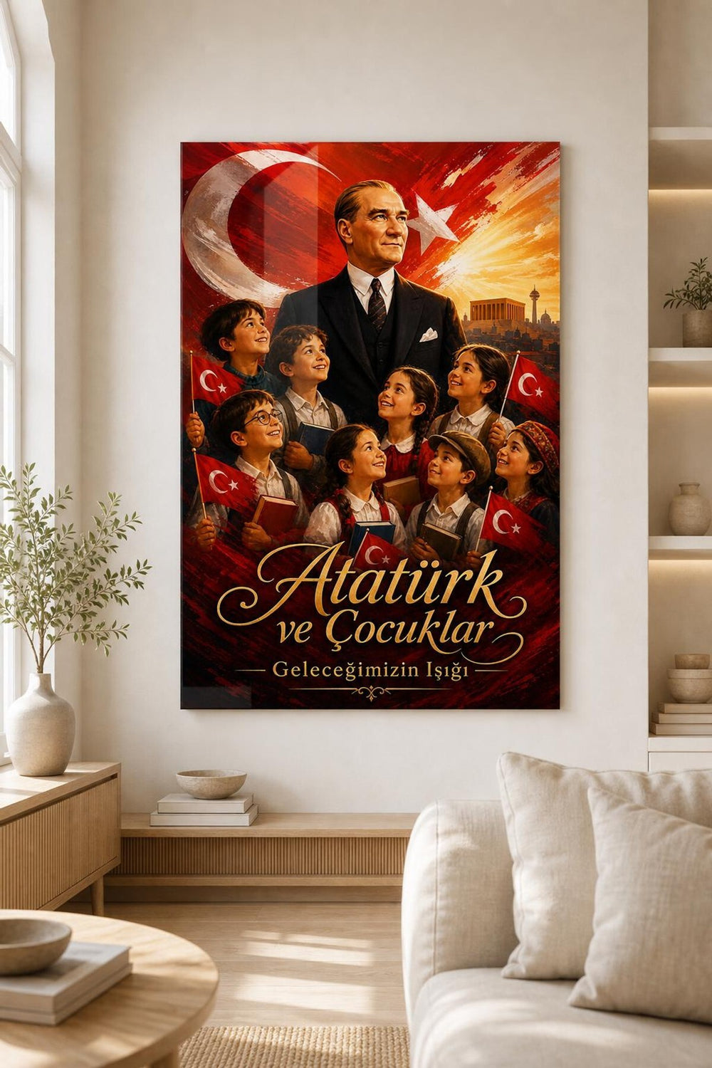 Atatürk ve Çocuklar Baskılı Cam Tablo – Türk Bayrağı UV Baskı Duvar Dekoru