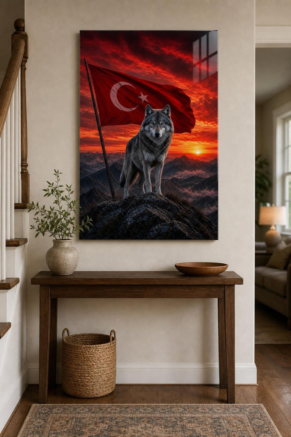 Türk Bayrağı ve Bozkurt Baskılı Cam Tablo – UV Baskı Dekoratif Duvar Tablosu