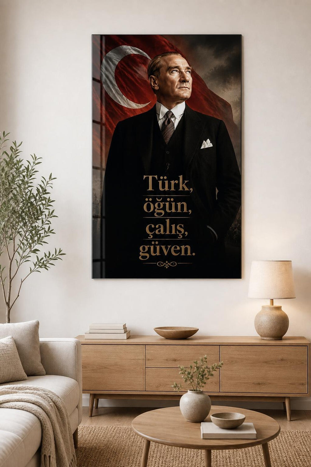 Atatürk Türk Öğün Çalış Güven Baskılı Cam Tablo – UV Baskı Dekoratif Duvar Tablosu