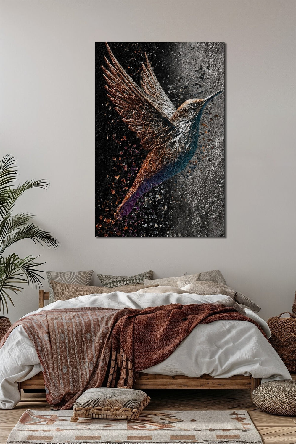 Sinek Kuşu Baskılı Cam Tablo – Renkli Modern Kuş Figürlü Duvar Dekoru