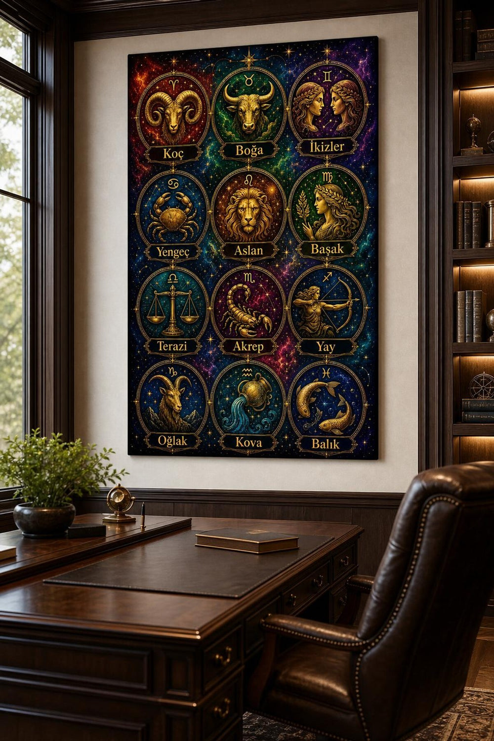 Burçlar Desenli Baskılı Cam Tablo – UV Baskı Astroloji Dekoratif Duvar Tablosu
